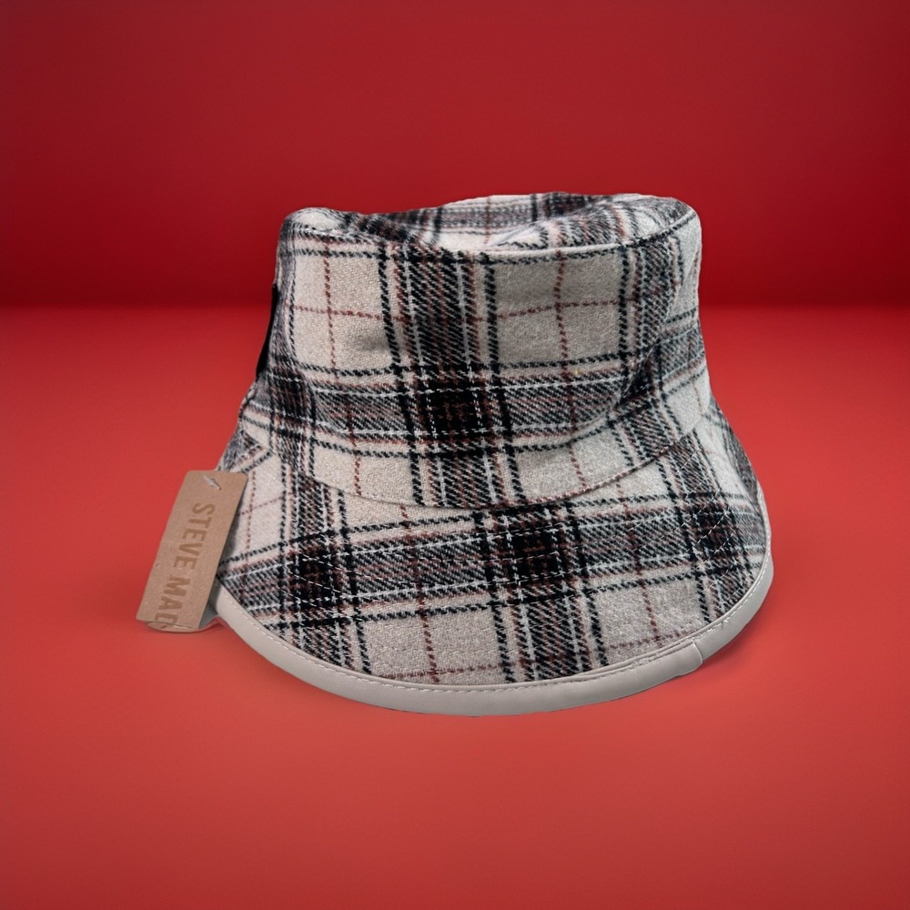 Steve Madden Reversible Bucket Hat Cream Plaided Solid Cream NWT Original $42